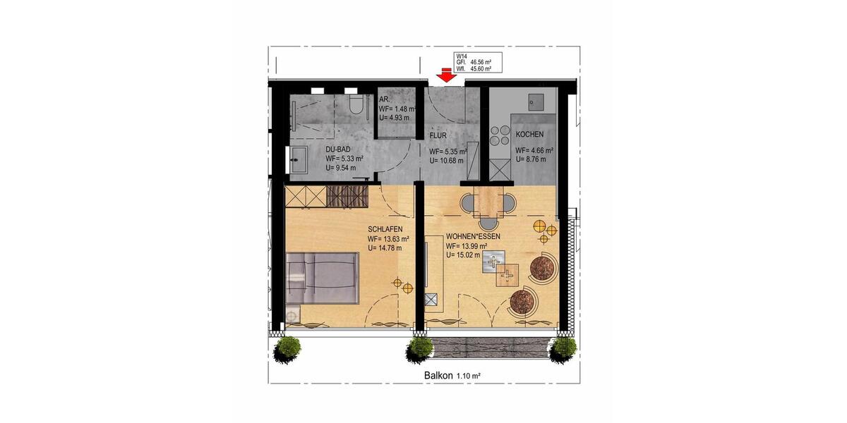 Etagenwohnung Solingen Wald - 2 Zimmer, 48 m&sup2;, 880&euro; | Angebot:26591554