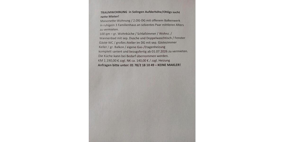 Dachgeschoßwohnung Solingen - 3 Zimmer, 100 m&sup2;, 1.190&euro; | Angebot:25974947