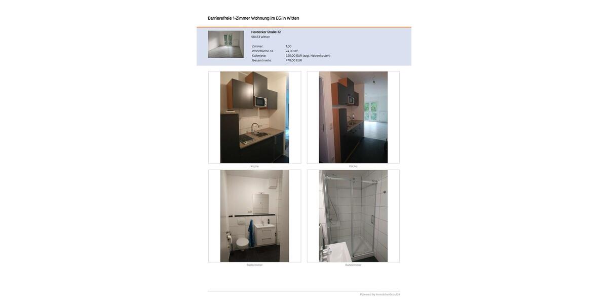 Erdgeschoßwohnung Witten Annen - 1 Zimmer, 24 m&sup2;, 320&euro; | Angebot:26546015