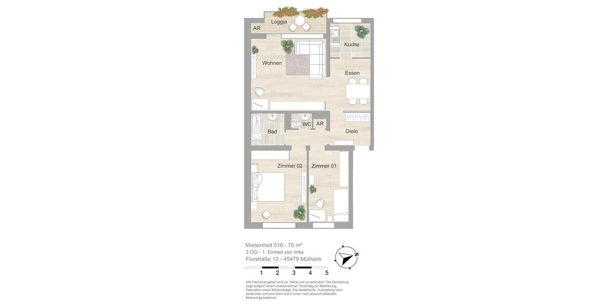 Etagenwohnung Mülheim an der Ruhr Broich - 3 Zimmer, 76 m&sup2;, 761&euro; | Angebot:25084536