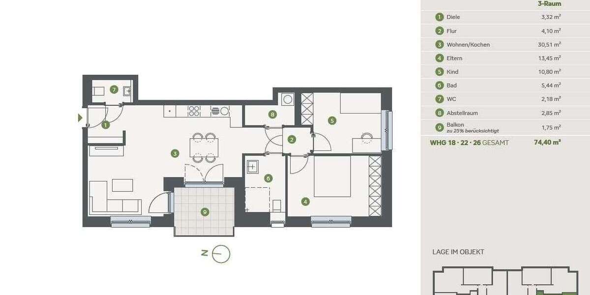 Etagenwohnung Essen Stadtbezirk II - 3 Zimmer, 74 m&sup2;, 388.000&euro; | Angebot:27345941